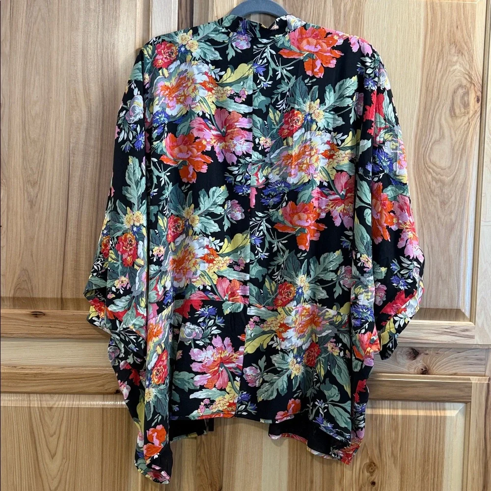 Simply Irresistible Black Colorful Floral Elbow Sleeve Boho Kimono Blazer Sz XL